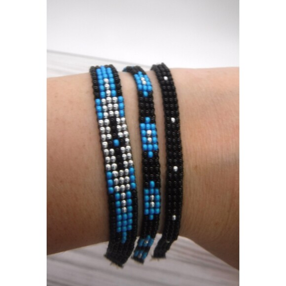 Hand Crafted Jewelry - Loom Beaded Bracelet Black & Teal Set of 3